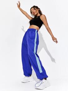 SHEIN Coolane Drawstring Hem Contrast Sideseam Trousers - Royal Blue - View 5