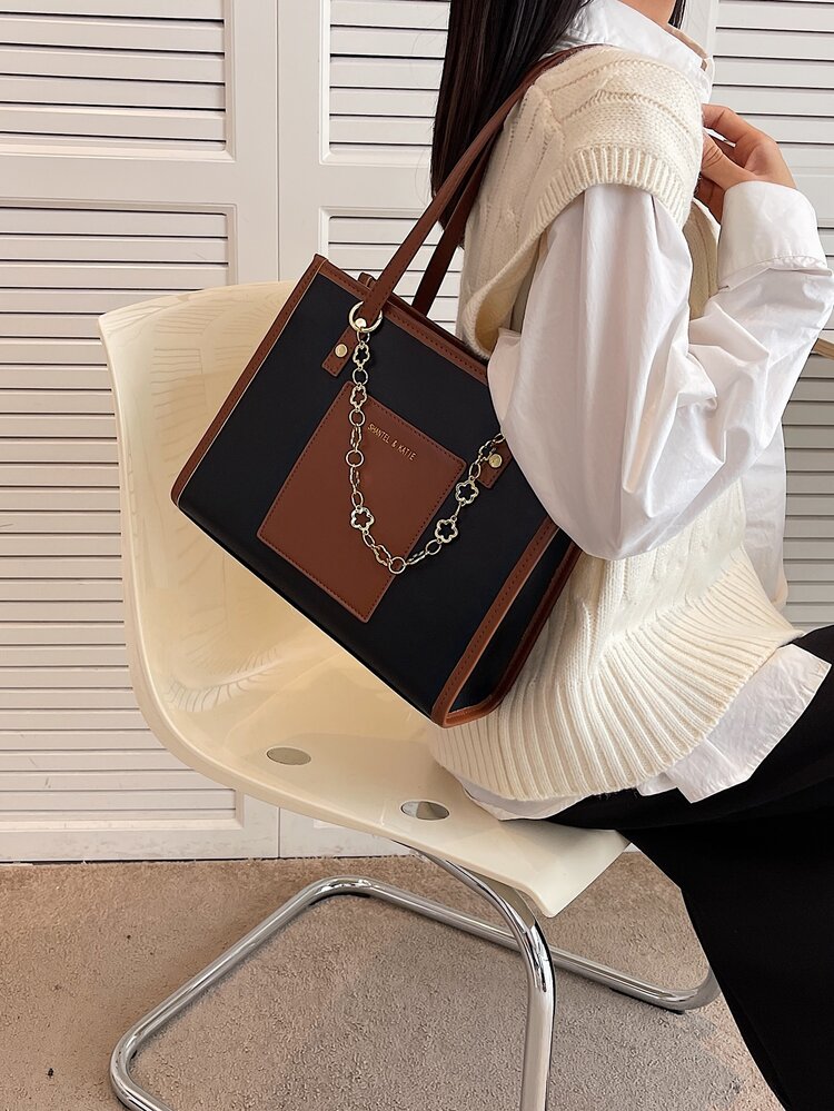 Bolso tote de hombro de color combinado en relieve de letra - Multicolor - Añade 4