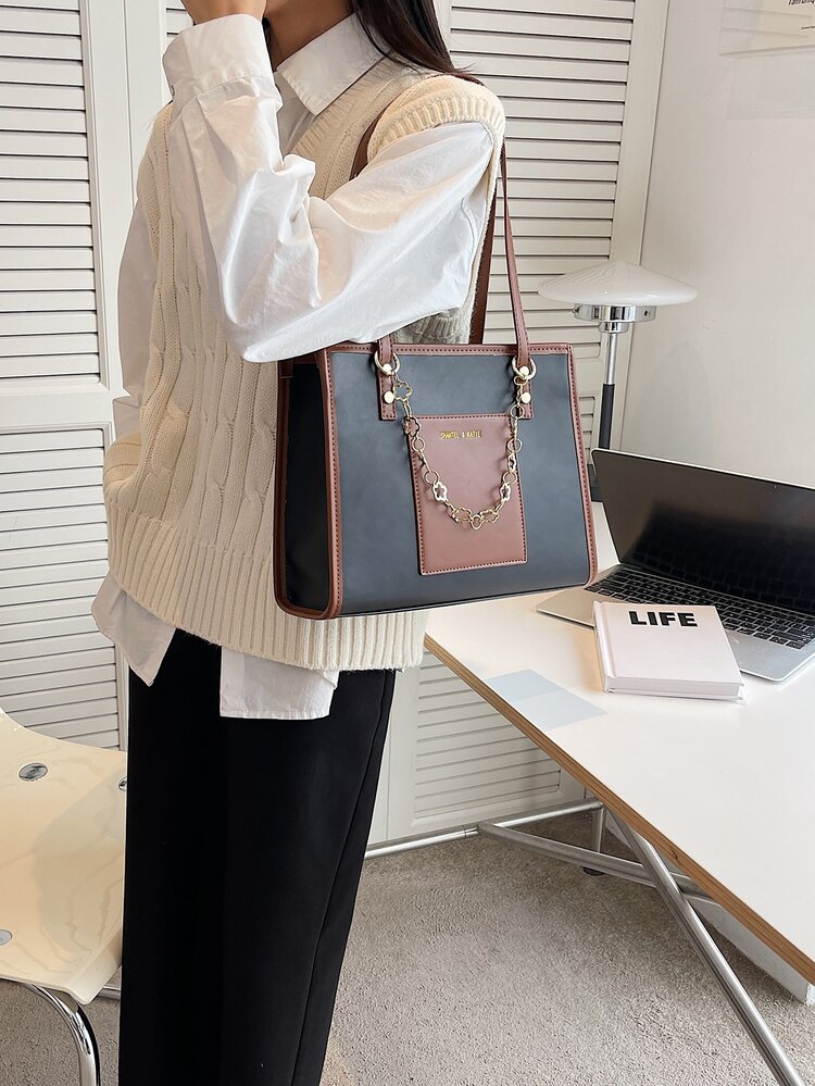 Bolso tote de hombro de color combinado en relieve de letra - Multicolor - Añade 5