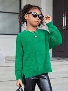 SHEIN Girls Split Hem Fluffy Knit Drop Shoulder Jumper - Green - View 1