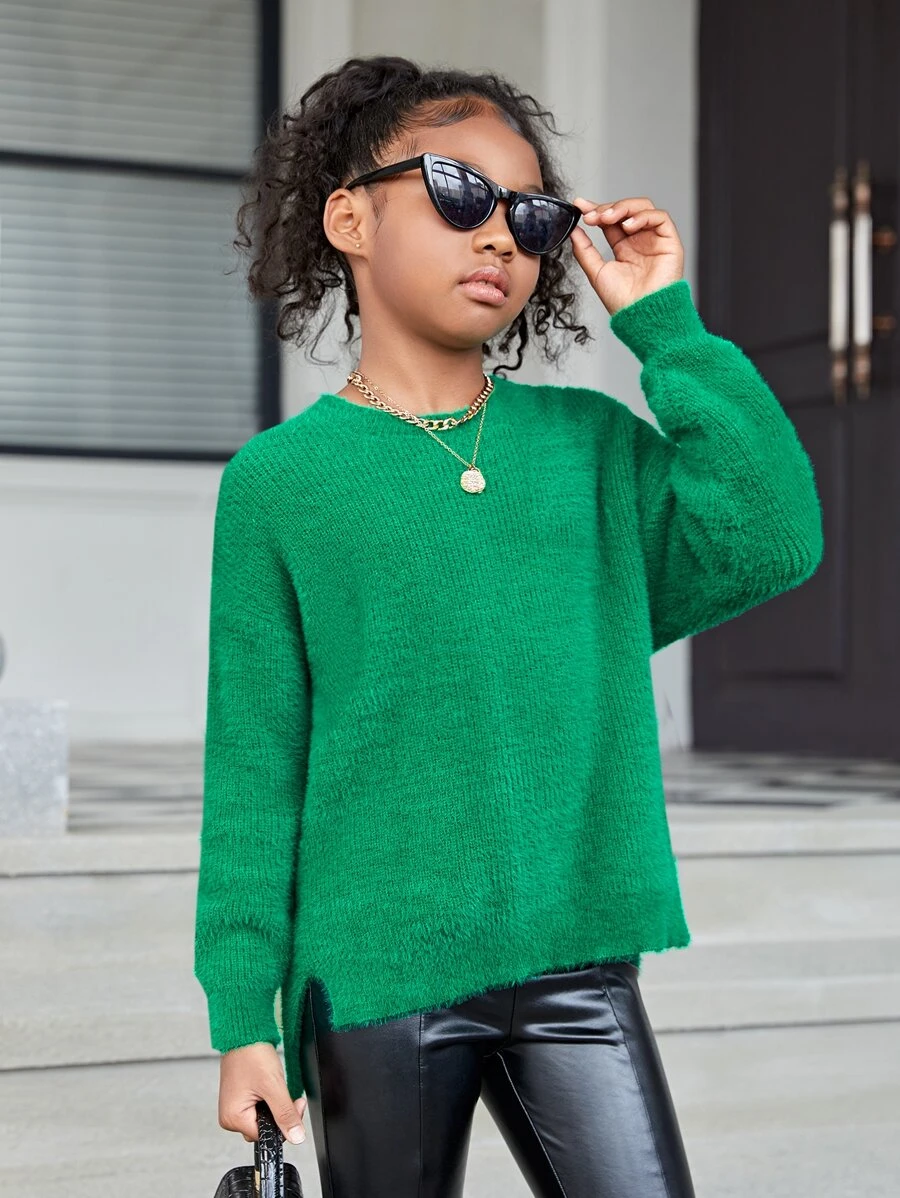 SHEIN Girls Split Hem Fluffy Knit Drop Shoulder Jumper - Green - View 1