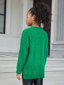 SHEIN Girls Split Hem Fluffy Knit Drop Shoulder Jumper - Green - View 2