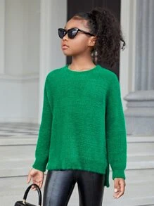 SHEIN Girls Split Hem Fluffy Knit Drop Shoulder Jumper - Green - View 3