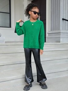 SHEIN Girls Split Hem Fluffy Knit Drop Shoulder Jumper - Green - View 4