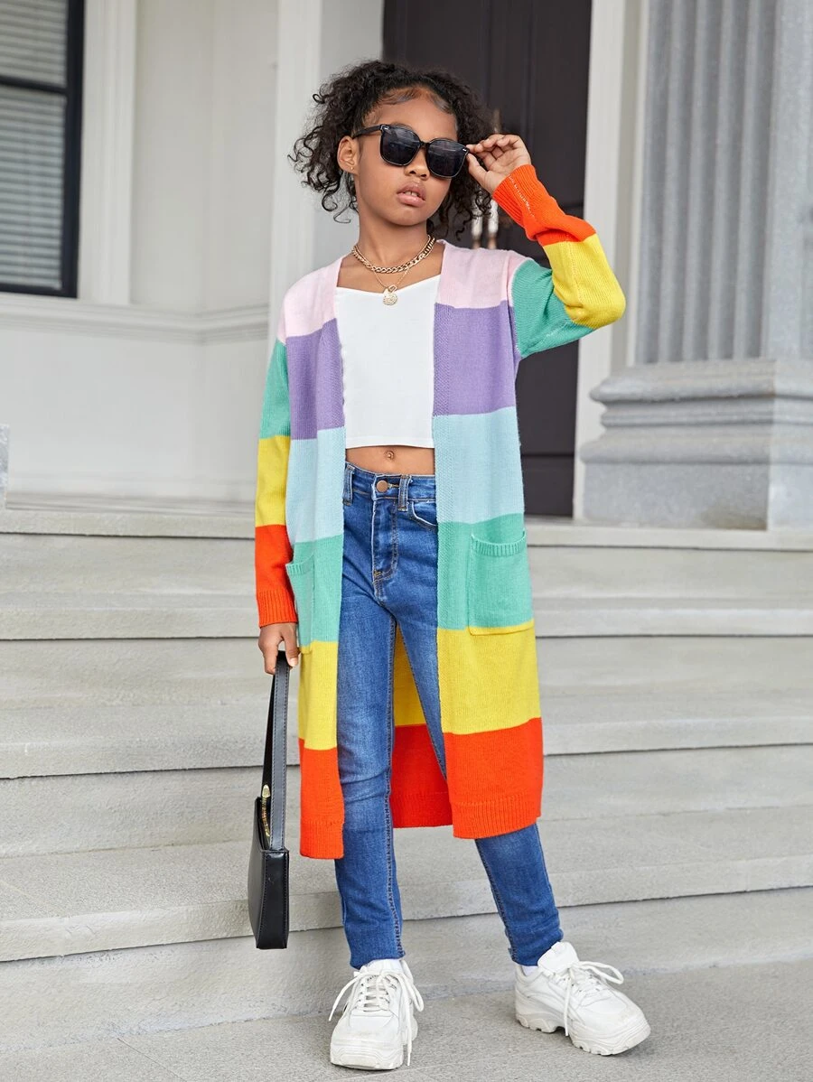 SHEIN Tween Girl Color Block Dual Pocket Drop Shoulder Duster Cardigan