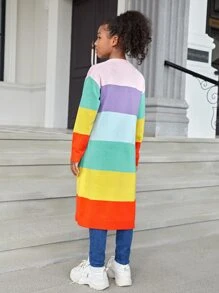 SHEIN Tween Girl Color Block Dual Pocket Drop Shoulder Duster Cardigan