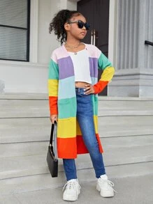 SHEIN Tween Girl Color Block Dual Pocket Drop Shoulder Duster Cardigan