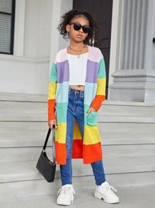 SHEIN Tween Girl Color Block Dual Pocket Drop Shoulder Duster Cardigan