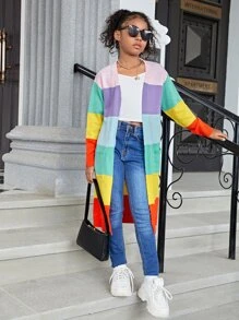 SHEIN Tween Girl Color Block Dual Pocket Drop Shoulder Duster Cardigan