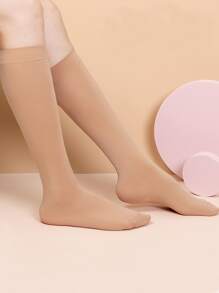 Solid Stretchy Over The Calf Socks, Cozy - Khaki - View 1