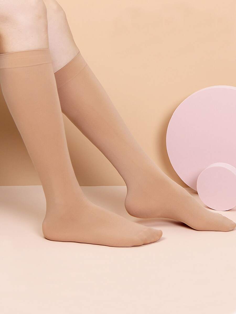 Solid Stretchy Over The Calf Socks, Cozy - Khaki - View 1