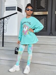 SHEIN Cô gái Tween Lá thư & Kỳ lân in Thả vai Hoodie & Nhuộm buộc Xà cạp - Nhiều màu - Xem 1