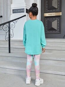 SHEIN Cô gái Tween Lá thư & Kỳ lân in Thả vai Hoodie & Nhuộm buộc Xà cạp - Nhiều màu - Xem 2