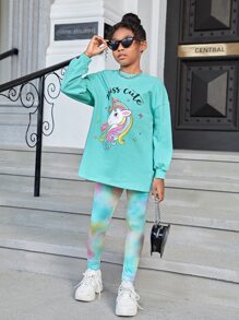 SHEIN Cô gái Tween Lá thư & Kỳ lân in Thả vai Hoodie & Nhuộm buộc Xà cạp - Nhiều màu - Xem 3