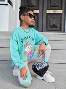 SHEIN Cô gái Tween Lá thư & Kỳ lân in Thả vai Hoodie & Nhuộm buộc Xà cạp - Nhiều màu - Xem 4