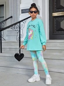 SHEIN Cô gái Tween Lá thư & Kỳ lân in Thả vai Hoodie & Nhuộm buộc Xà cạp - Nhiều màu - Xem 5