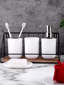 4件/8件白色浴室套装乳液瓶+牙刷架+漱口杯+皂盒塑料浴室装饰和配件（扁平淋浴喷头）返校 - 白色 - 查看 3