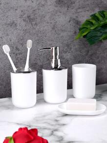 4件/8件白色浴室套装乳液瓶+牙刷架+漱口杯+皂盒塑料浴室装饰和配件（扁平淋浴喷头）返校 - 白色 - 查看 7