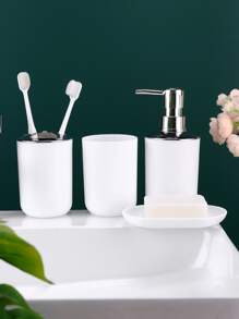 4件/8件白色浴室套装乳液瓶+牙刷架+漱口杯+皂盒塑料浴室装饰和配件（扁平淋浴喷头）返校 - 白色 - 查看 8