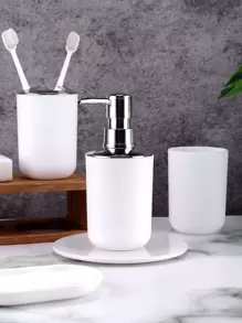 4件/8件白色浴室套装乳液瓶+牙刷架+漱口杯+皂盒塑料浴室装饰和配件（扁平淋浴喷头）返校 - 白色 - 查看 9