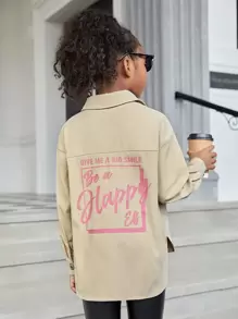 SHEIN Áo cánh Gái Cao thấp Túi Nút phía trước Slogan Giải trí - Màu Khaki - Xem 1