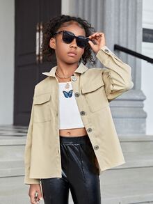 SHEIN Áo cánh Gái Cao thấp Túi Nút phía trước Slogan Giải trí - Màu Khaki - Xem 2