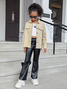 SHEIN Áo cánh Gái Cao thấp Túi Nút phía trước Slogan Giải trí - Màu Khaki - Xem 3