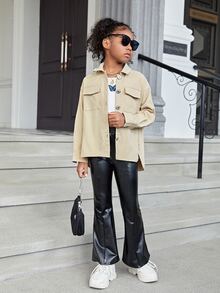 SHEIN Áo cánh Gái Cao thấp Túi Nút phía trước Slogan Giải trí - Màu Khaki - Xem 4