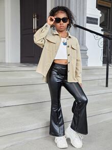 SHEIN Áo cánh Gái Cao thấp Túi Nút phía trước Slogan Giải trí - Màu Khaki - Xem 5