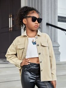 SHEIN Áo cánh Gái Cao thấp Túi Nút phía trước Slogan Giải trí - Màu Khaki - Xem 6