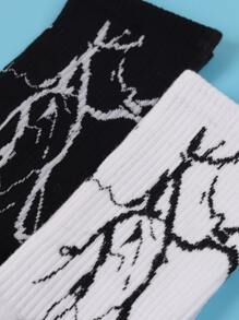 2双装男士图案中筒袜，秋季袜子 - 黑與白 - 查看 3