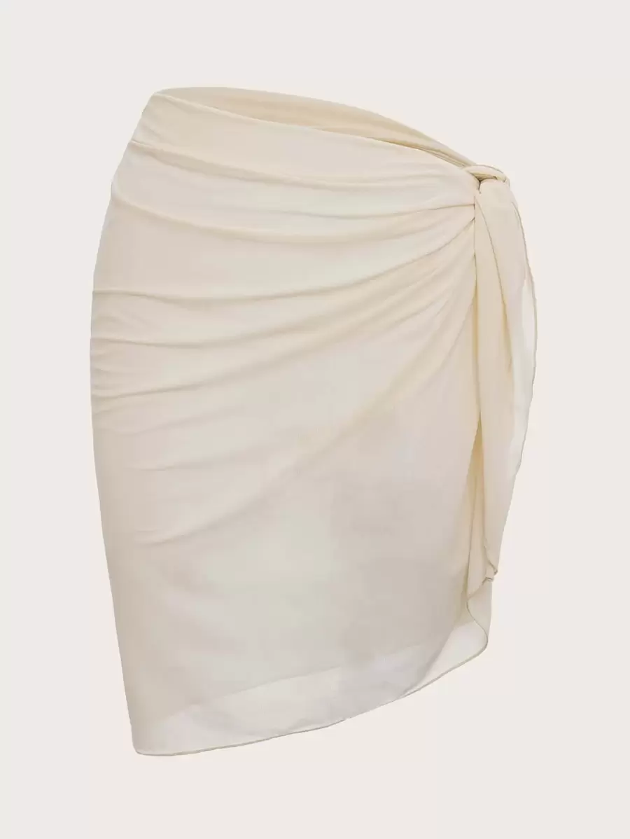 Swim Basics Summer Beach Solid Knot Side Ruched Cover Up Skirt - Beige - View 1