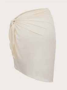 Swim Basics Summer Beach Solid Knot Side Ruched Cover Up Skirt - Beige - View 2