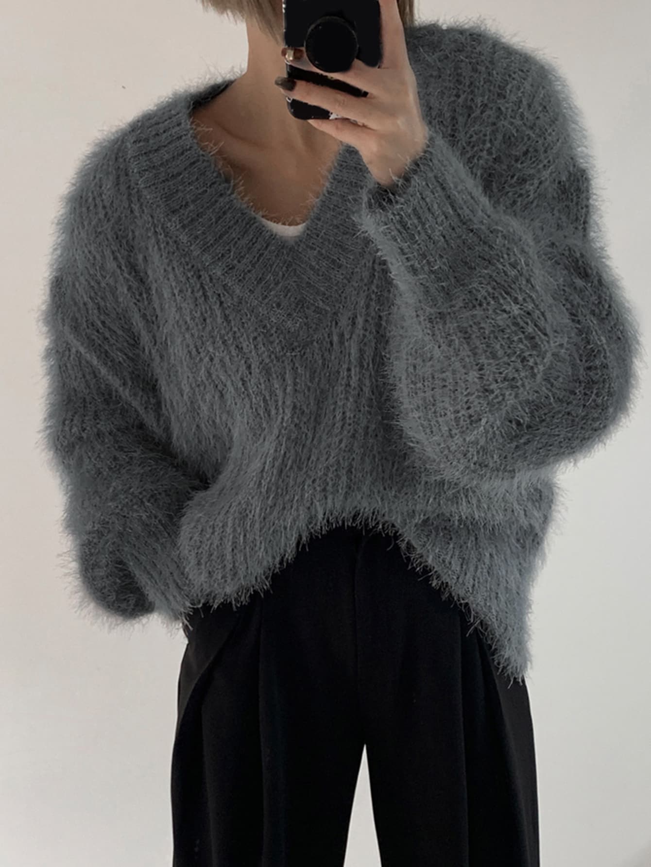 V Neck Drop Shoulder Fuzzy Sweater,Fall Women Clothes