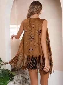 RELISH NOLESS 女士春夏装乡村音乐会休闲度假西部装波西米亚风麂皮流苏背心 - 駝色 - 查看 2
