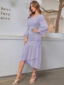 Modelyn Swiss Dot Wrap Fitted Dress - Lilac Purple - View 4