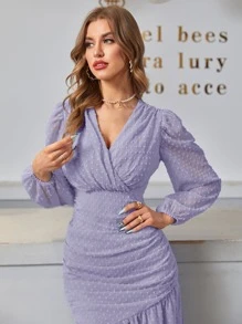Modelyn Swiss Dot Wrap Fitted Dress - Lilac Purple - View 5