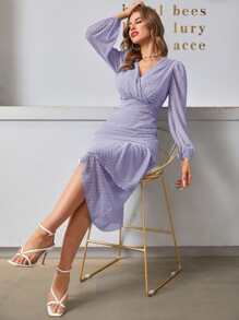 Modelyn Swiss Dot Wrap Fitted Dress - Lilac Purple - View 7