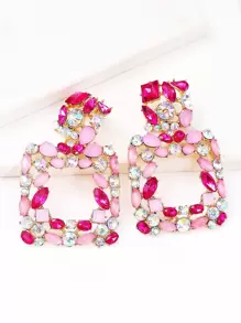 juran 1pair Luxury Zinc Alloy Rhinestone Drop Earrings For Women For Daily Decoration - Pink - View 3