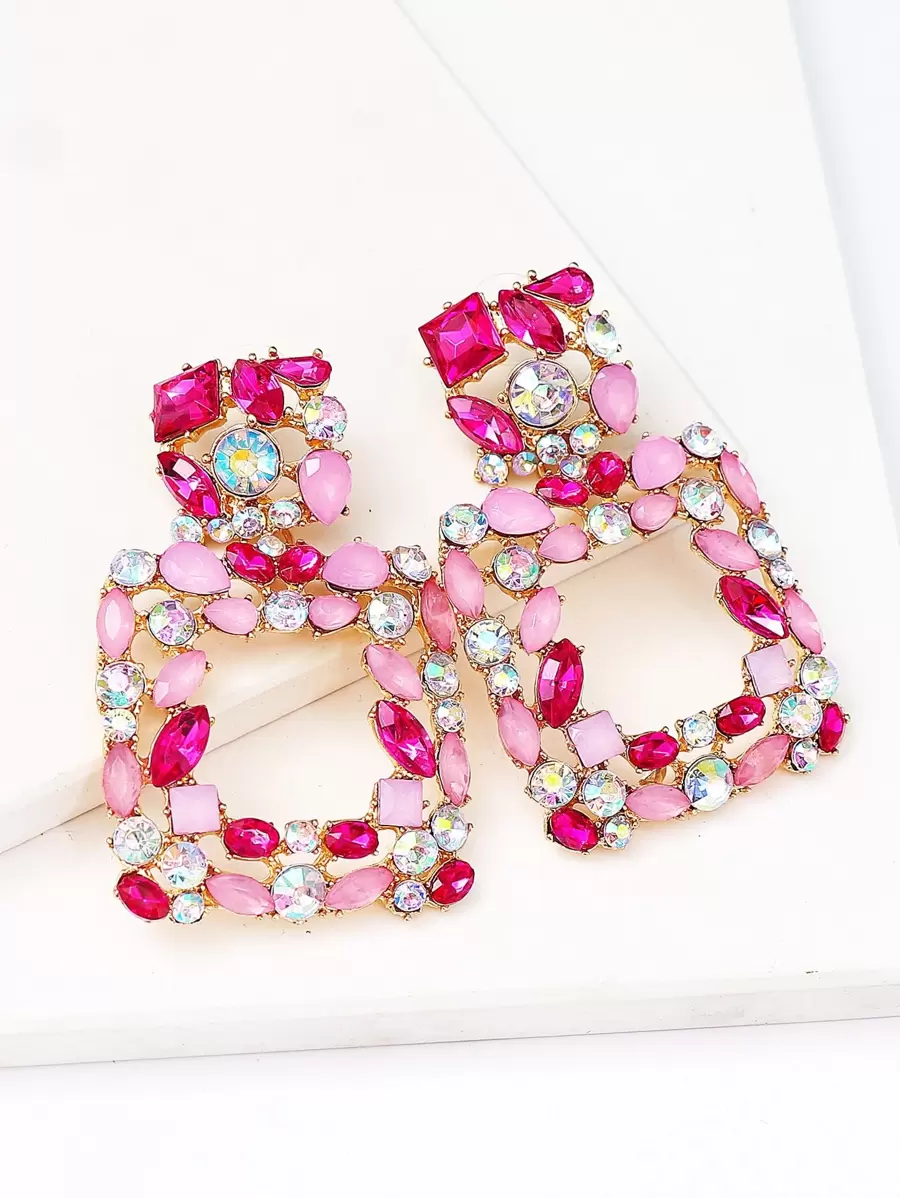 juran 1pair Luxury Zinc Alloy Rhinestone Drop Earrings For Women For Daily Decoration - Pink - View 1
