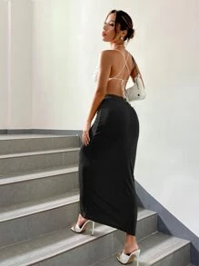 SHEIN Essnce High Waist Solid Skirt - Black - View 5