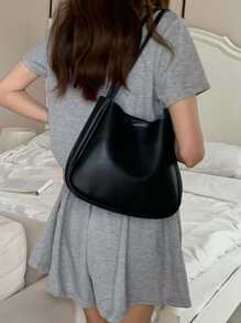 Túi vai màu trơn Đôi tay cầm Thanh lịch - màu đen - Xem 2