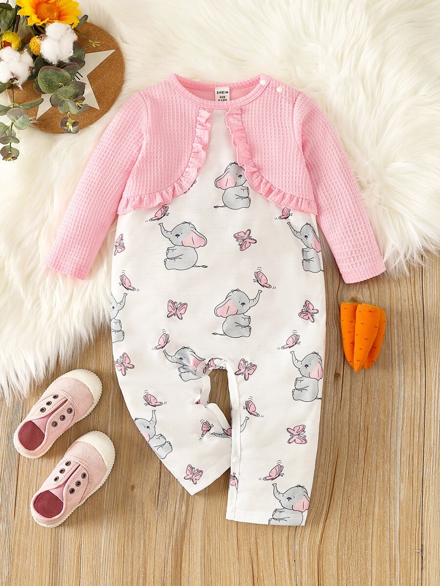 嬰兒蝴蝶和大象印花褶邊假兩件連身褲 - 彩色 - 查看 1