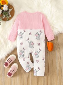 嬰兒蝴蝶和大象印花褶邊假兩件連身褲 - 彩色 - 查看 2