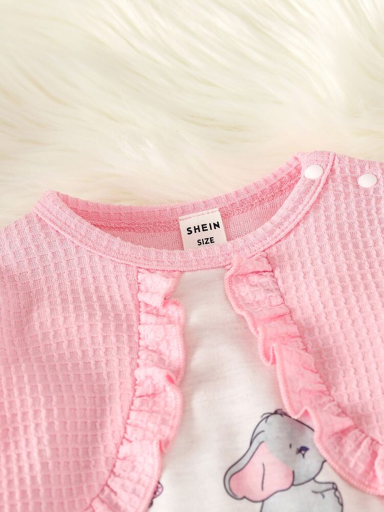 嬰兒蝴蝶和大象印花褶邊假兩件連身褲 - 彩色 - 查看 3