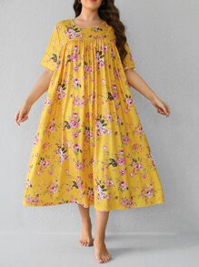 SHEIN Unity Plus Allover Floral Print Nightdress - Yellow - View 1