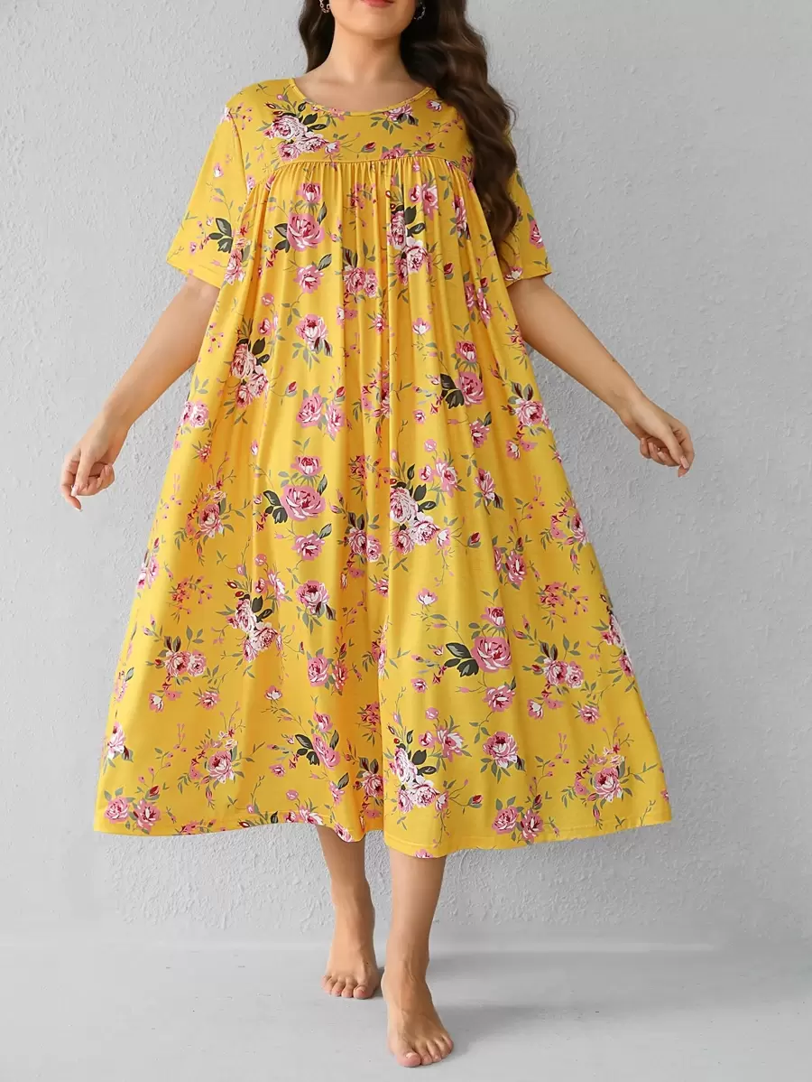 SHEIN Unity Plus Allover Floral Print Nightdress - Yellow - View 1