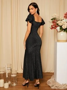 SHEIN Belle Vestido de manga mariposa bajo sirena - Negro - Ver 2