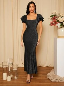 SHEIN Belle Vestido de manga mariposa bajo sirena - Negro - Ver 4