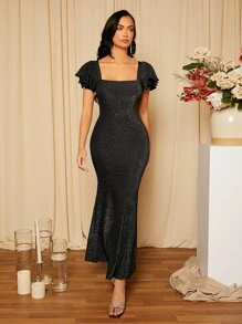 SHEIN Belle Vestido de manga mariposa bajo sirena - Negro - Ver 5